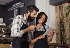 Bistro employees check the documents