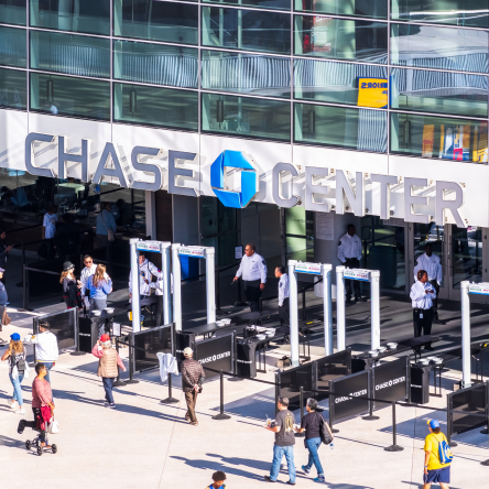 Chase center building with crowd in front of it