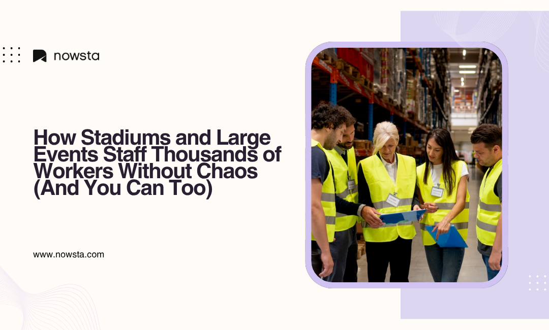 Event and warehouse staff reviewing plans representing large scale workforce coordination