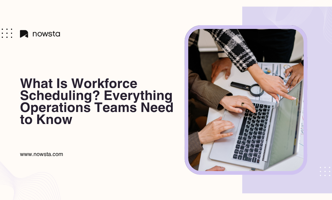 Team collaborating on a laptop reviewing schedules and workforce planning data