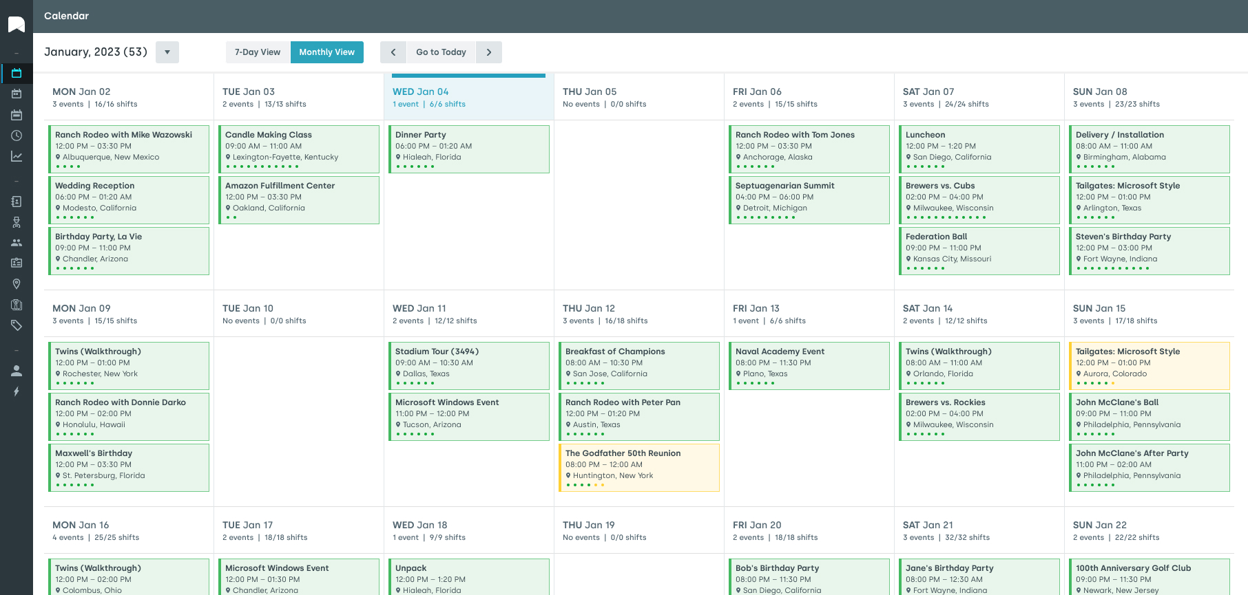 Nowsta employee scheduling calendar showing events, shift totals, dates, times, and work locations