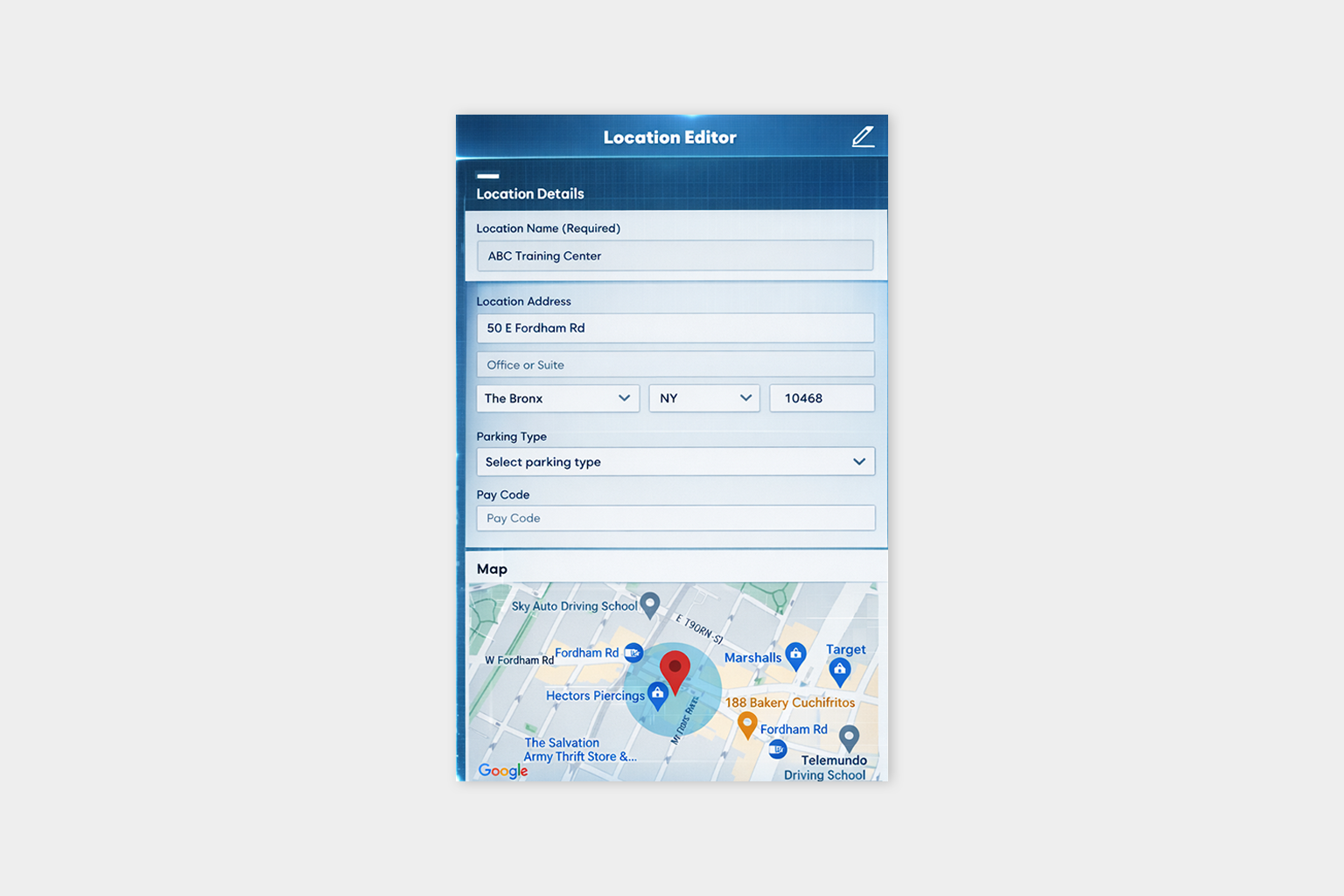 Nowsta Location Editor showing location details, address, parking settings, and a mapped worksite