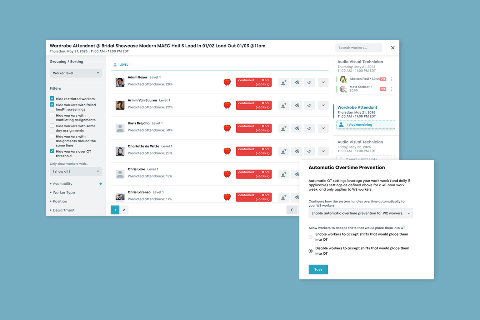 Nowsta overtime prevention settings showing worker hour thresholds, scheduling restrictions, and shift assignments