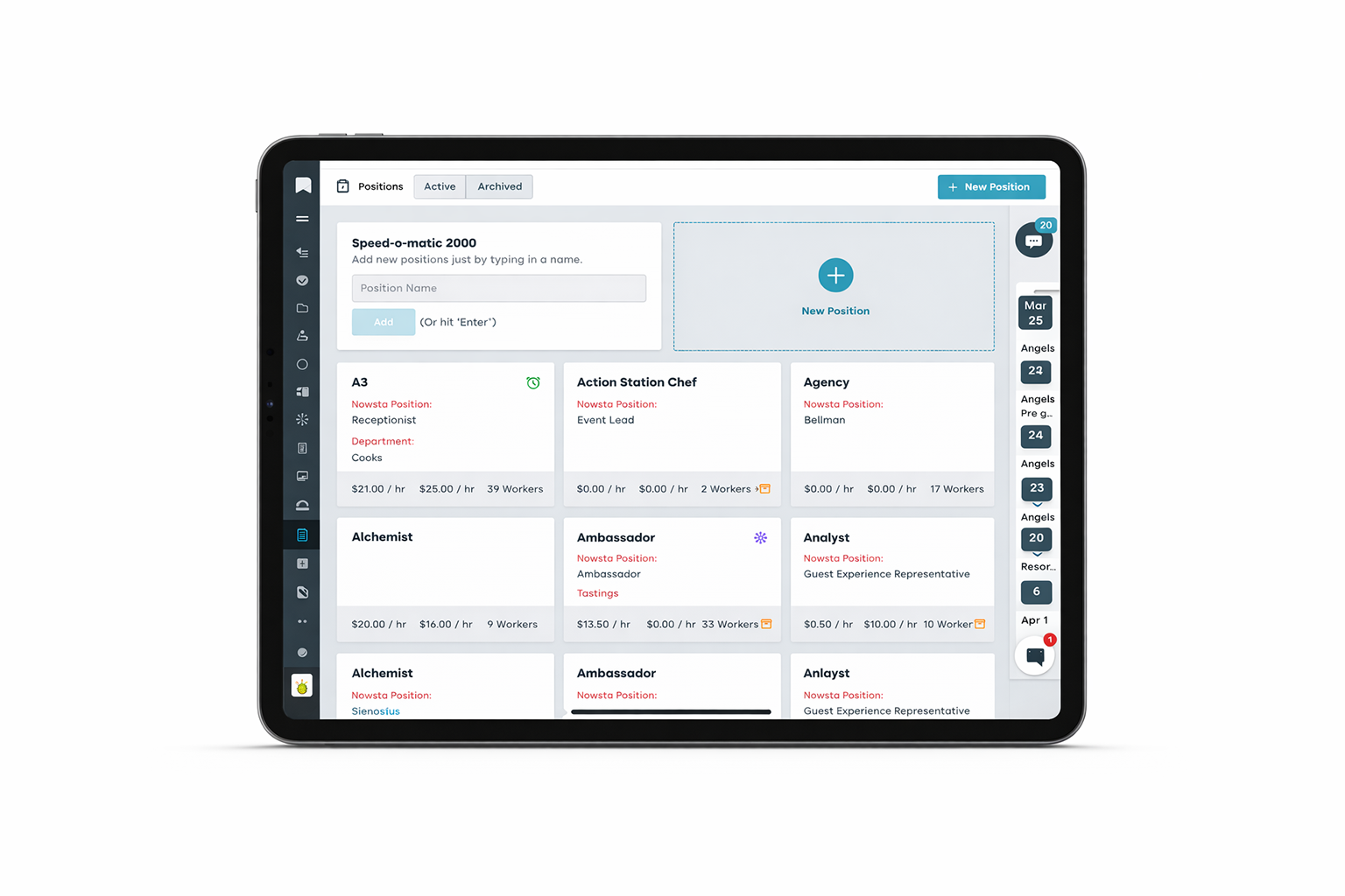 Nowsta position management view showing roles, departments, pay rates, worker counts, and active positions