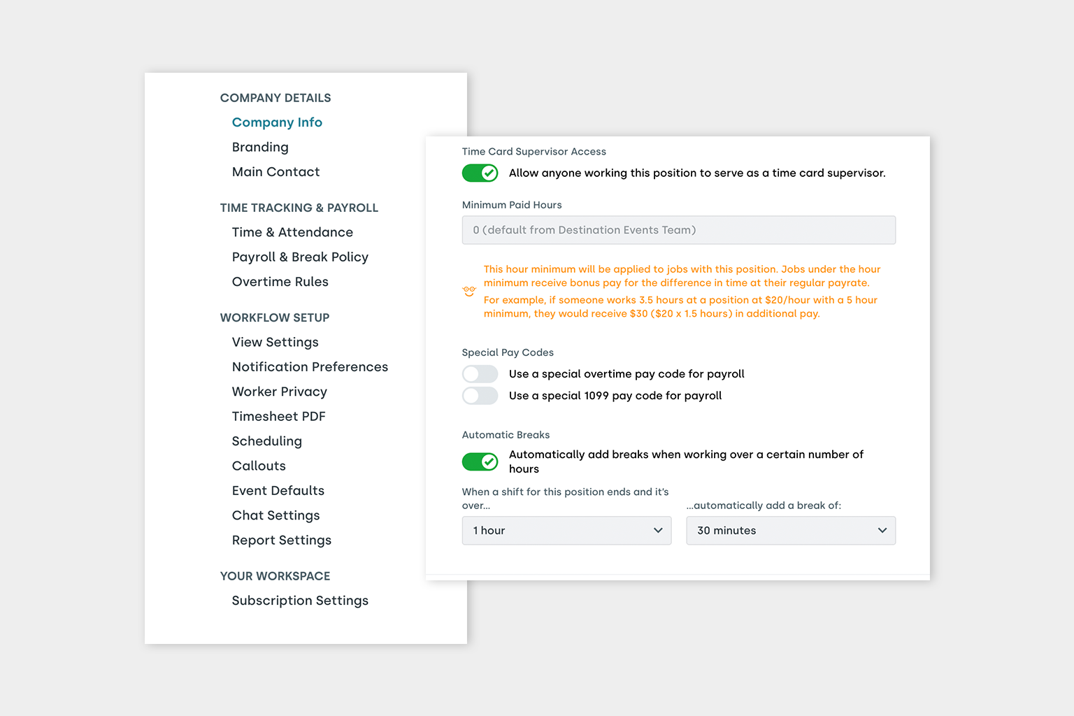 Nowsta time and attendance settings showing supervisor access, minimum paid hours, pay codes, and automatic break rules