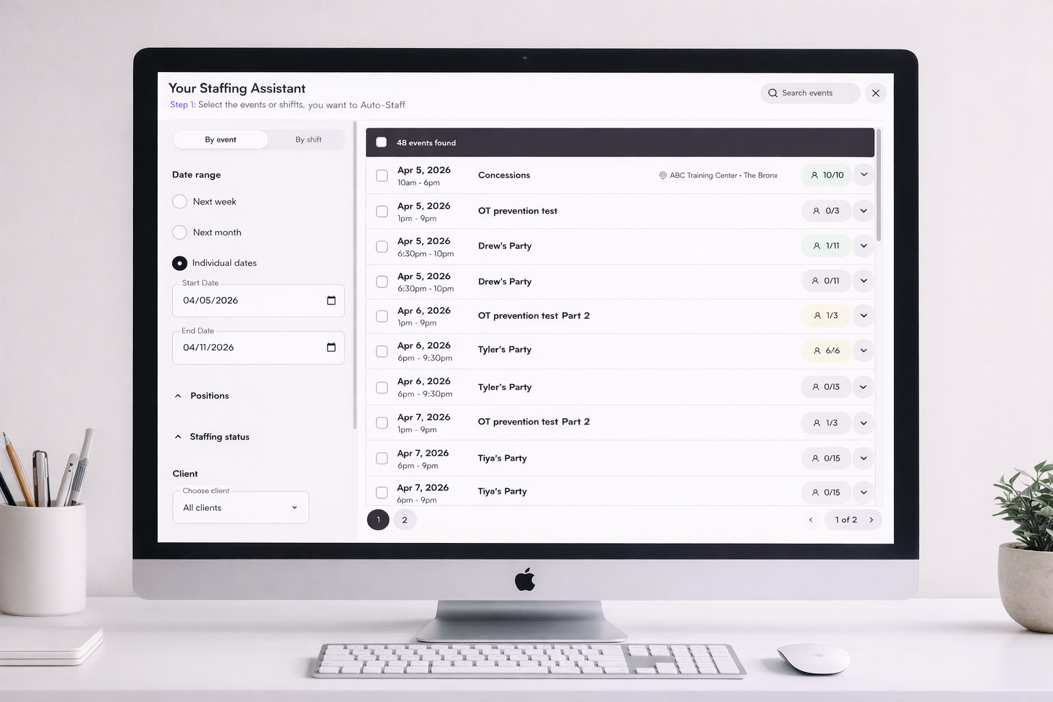 Nowsta Staffing Assistant showing event selection, shift requirements, dates, clients, and staffing status
